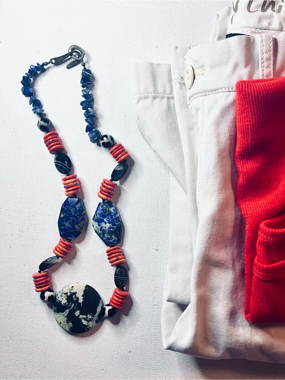 Elegant Blue and Orange Beaded Statement Necklace